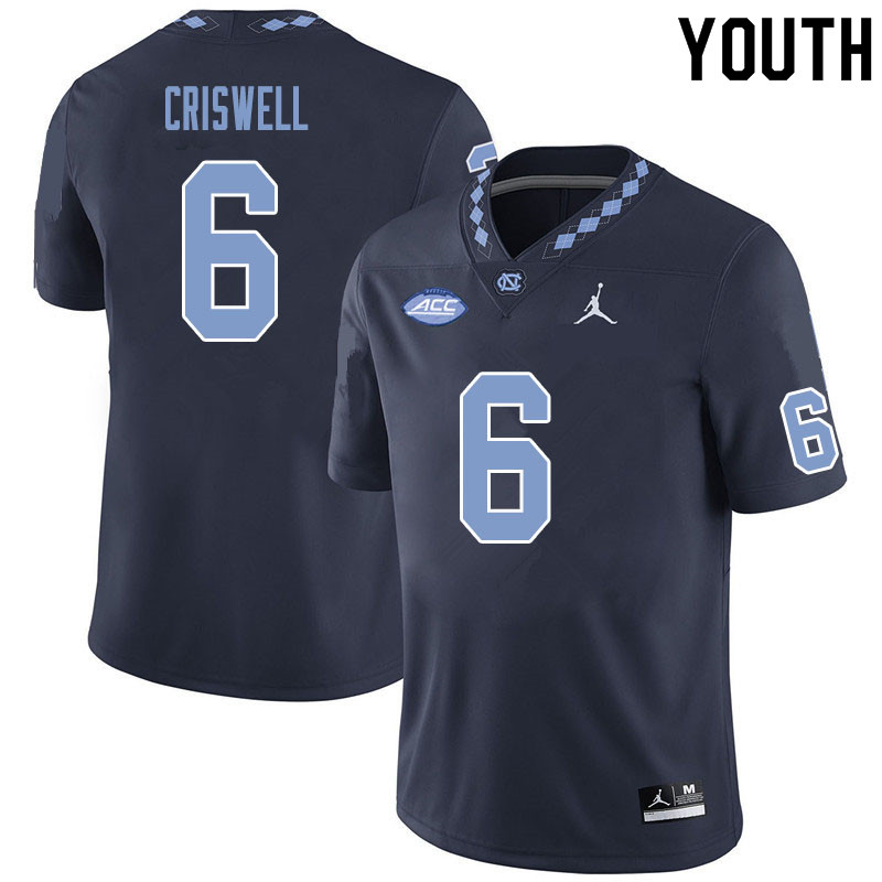 Youth #6 Jacolby Criswell North Carolina Tar Heels College Football Jerseys Sale-Black